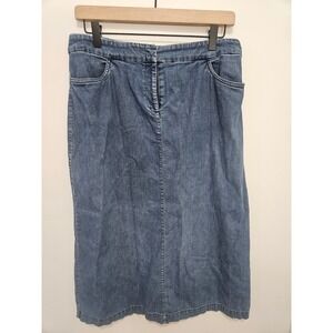 Eileen Fisher Petite Medium Wash Denim Midi Skirt Blue PS Cotton Blend Made  USA